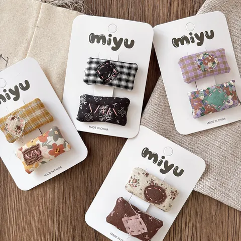 Barrettes Clic-Clac en Tissu Vintage à Carreaux et Fleuri pour Enfants Broderie Faite à la Main pour Filles