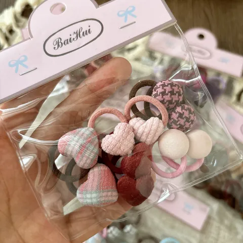 Kids Girls Fabric Hair Ties Plaid Heart Star Button Decoration Elastic Rubber Bands Sweet Fashion Hair Accessories For Daily