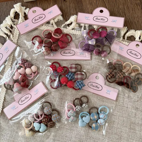 Kids Girls Fabric Hair Ties Plaid Heart Star Button Decoration Elastic Rubber Bands Sweet Fashion Hair Accessories For Daily