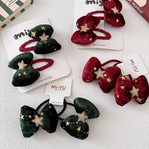 Mollette Per Capelli E Elastici In Velluto Con Fiocco Natalizio E Stelle Di Paillettes Rosso Verde Copricapo Donna