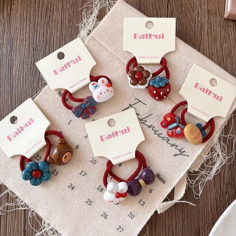 Cute Cartoon Kids Hair Ties Elastic Hair Bands Resin Bunny Bear Strawberry Flower Patterns Bowknot Red Girls Hair Accessories