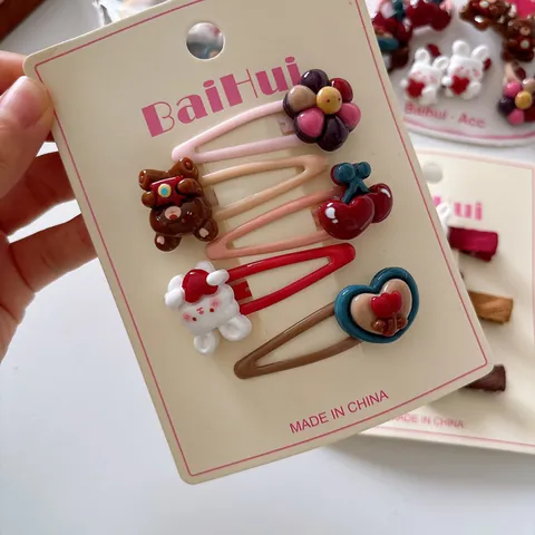 Kids Cartoon Rabbit Bear Hair Accessories Set Cute Resin Flower Cherry Hair Clips Elastic Hair Ties For Girls Hair Decor