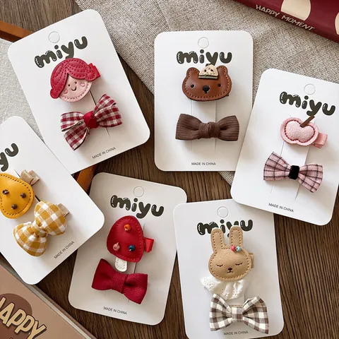 Koreanischer Stil Süße Kinder Haarspangen Tier Frucht Karomuster Schleife Barrettes Für Mädchen Handgefertigter Stoff Kunstleder Haarschmuck