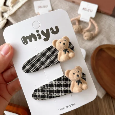 Cute Flocked Bear Plaid Hair Clip And Ponytail Hair Rope Set For Girls Cartoon Teddy Bear BB Clip Hair Accessories