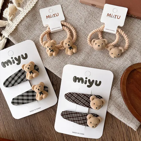 Cute Flocked Bear Plaid Hair Clip And Ponytail Hair Rope Set For Girls Cartoon Teddy Bear BB Clip Hair Accessories