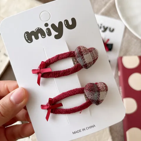 Zoete Rode Ruitjes Hart Strik Kinderen Haarclips Haarelastiekjes Voor Meisjes Koreaanse Stijl Stof Omwikkelde BB Clips Haaraccessoires