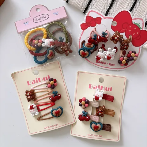 Kids Cartoon Rabbit Bear Hair Accessories Set Cute Resin Flower Cherry Hair Clips Elastic Hair Ties For Girls Hair Decor