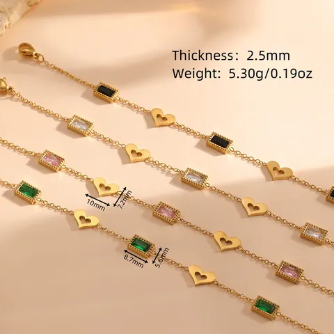 Women Vintage Gold Titanium Steel Bracelet Hollow Heart Rectangular Rhinestone Gem Charm Bracelet European Fashion Jewelry