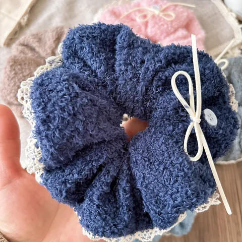 Large Plush Lace Scrunchie For Women Sweet Solid Color Hair Tie With Button And Bowknot Elastic Hair Rope Accessory