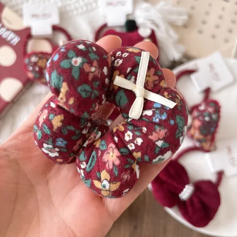 Red Floral Kids Hair Ties Sweet Bowknot Heart Mushroom Apple Design Fabric Hair Accessories For Girls New Year Gift