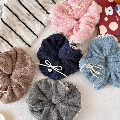 Large Plush Lace Scrunchie For Women Sweet Solid Color Hair Tie With Button And Bowknot Elastic Hair Rope Accessory