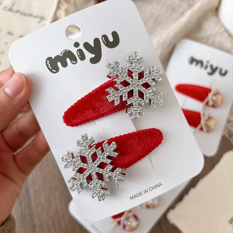 Red Velvet Christmas Hair Clips With Rhinestone Snowflakes Heart Star Bowknot Handmade Hairpin For Girls Women Holiday Hair Accessories