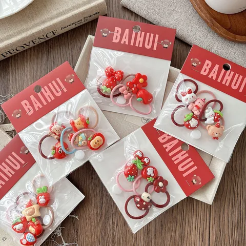 Cute Cartoon Kids Elastic Hair Ties Resin Strawberry Bear Apple Mushroom Flower Girls Versatile Decorative Hair Bands Jewelry