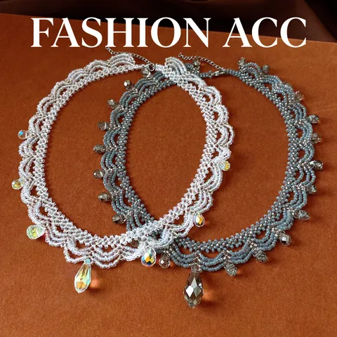 Vintage Stainless Steel Glass Bead Scalloped Lace Necklace For Women Luxury Waterdrop Pendant Choker Resort Forest Jewelry