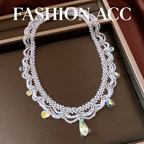 Vintage Stainless Steel Glass Bead Scalloped Lace Necklace For Women Luxury Waterdrop Pendant Choker Resort Forest Jewelry