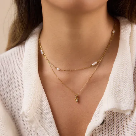 18K Gold Plated Stainless Steel Necklace For Women Baroque Freshwater Pearl Rhinestone Water Drop Pendant Jewelry Gift