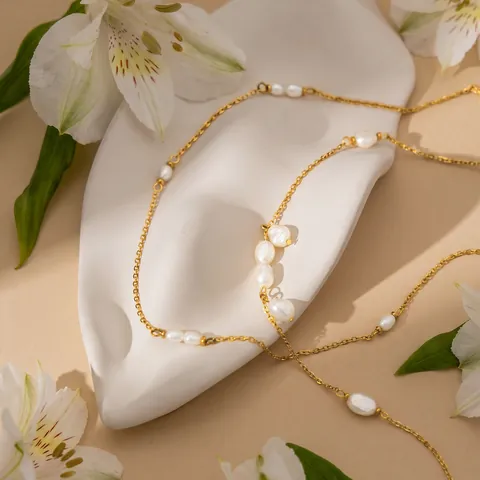 18K Gold Plated Stainless Steel Necklace For Women Baroque Freshwater Pearl Rhinestone Water Drop Pendant Jewelry Gift