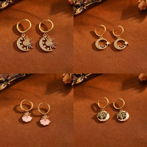 Juego de Joyas de Acero de Titanio Árbol de la Vida Sol Luna Estrella Concha Strass Collar Pendientes para Mujer Regalo