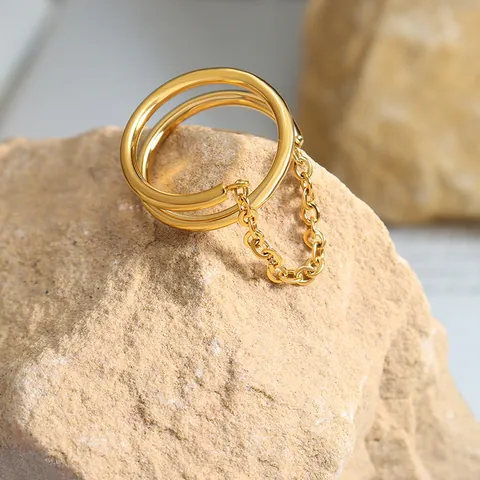 Minimalistischer Titanstahl Doppelschleifen Kettenring Für Damen Vergoldet Geometrischer Modeschmuck Fingerring Zubehör