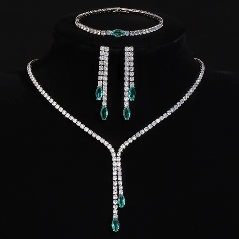 Luxueux Collier Boucles d'Oreilles Bracelet en Zirconia Taille Marquise Bijoux pour Femmes Élégante Chaîne de Tennis Banquet Mariage