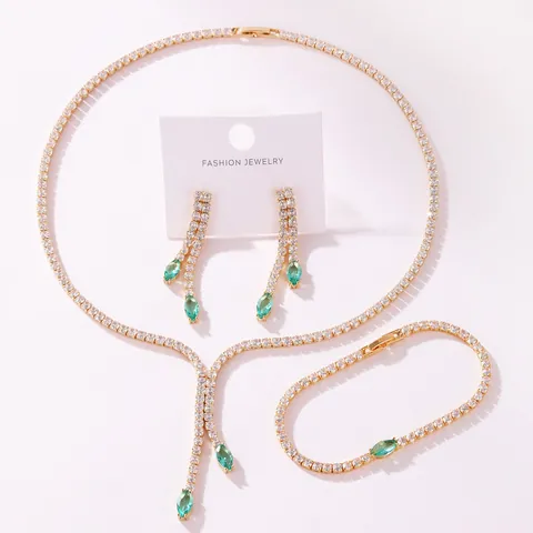 Luxueux Collier Boucles d'Oreilles Bracelet en Zirconia Taille Marquise Bijoux pour Femmes Élégante Chaîne de Tennis Banquet Mariage
