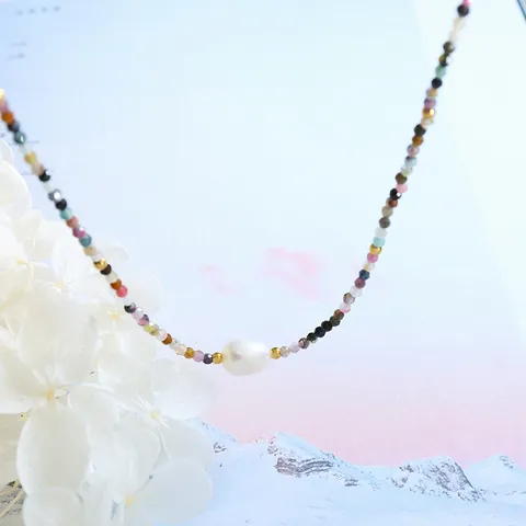 Vintage Ethnisch Mehrfarbig Natur Turmalin Perlenkette Mit Barock Süßwasserperle Anhänger Titanstahl Schmuck