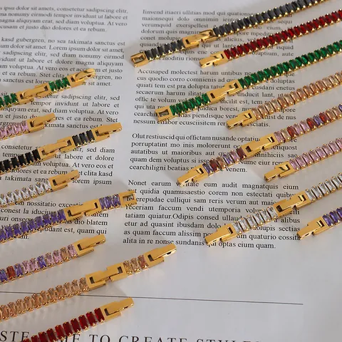 Luxury 18K Gold Plated Titanium Steel Colorful Baguette Cubic Zirconia Tennis Necklace Bracelet Combination For Women Party