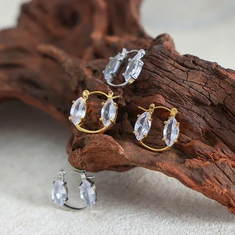 Chic Stainless Steel Marquise Cut Glass Diamond Stud Earrings For Women Minimalist Non-Fading Gold Steel Color Hoop Earrings Jewelry