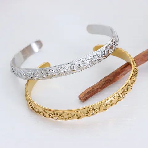Stainless Steel Celestial Sun Moon Star Relief Jewelry Bangle C-Hoop Earrings French Retro Vintage Style For Women