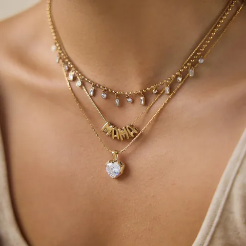 18K Gold Plated Stainless Steel MAMA Letter Pendant Necklace Rhinestone MOM Bracelet Heart Crystal Ring For Mother's Day Jewelry