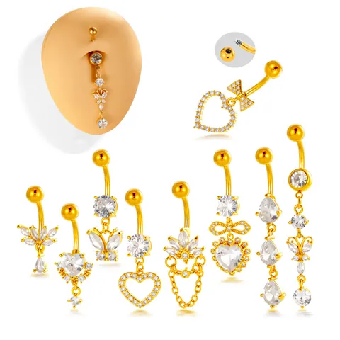 Piercing de Ombligo de Cobre y Acero Inoxidable con Colgante de Corazón y Lazo de Strass Joyería Corporal para Mujer