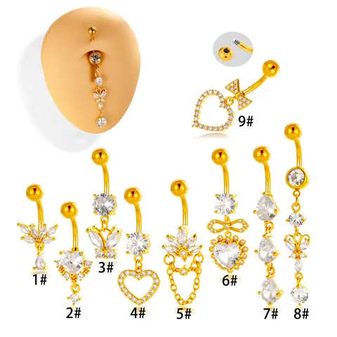 Piercing de Ombligo de Cobre y Acero Inoxidable con Colgante de Corazón y Lazo de Strass Joyería Corporal para Mujer