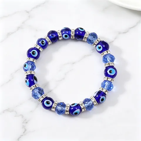 Crystal Evil Eye Beaded Bracelet Blue Natural Crystal Rhinestone Elastic Rope Hand Jewelry For Women Men Gift