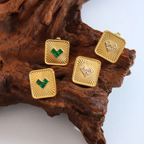 Vintage Stainless Steel Square Heart Pendant Necklace Earrings Jewelry Set Gold Silver Zirconia Green Glass Jewelry For Women Gift