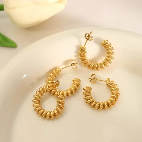 Retro French Croissant Twist C-Shaped Hoop Earrings Stainless Steel Gold Plated Minimalist Chunky Earrings For Women