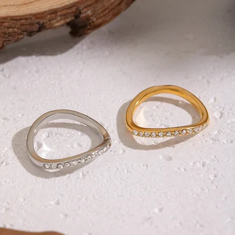 Anello Aperto in Acciaio Inossidabile a Onda Con Strass per Donna Placcato in Oro 18K Argento Gioiello Impermeabile Regalo