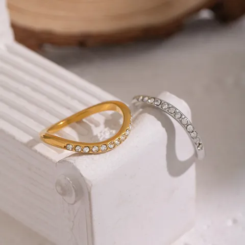 Anello Aperto in Acciaio Inossidabile a Onda Con Strass per Donna Placcato in Oro 18K Argento Gioiello Impermeabile Regalo