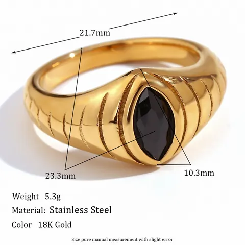 Signet Ring 316L Stainless Steel 18K Gold Plated Marquise Black Zirconia Ribbed Textured Vintage Jewelry For Women