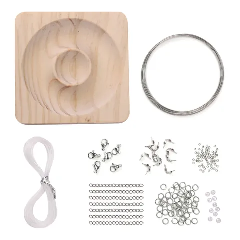 Kit de Creación de Joyería DIY Broches de Langosta Anillos de Salto Cadenas de Extensión Alicates Bandeja de Madera Cordón