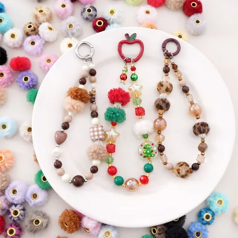 Faux Fur Pom-pom Beads With Large Metal Hole Polyester Soft Loose Beads For DIY Bracelet Necklace Phone Charm Making Accessories