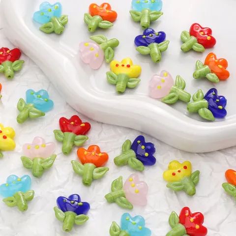 Handmade Tulip Flower Glass Lampwork Beads For DIY Jewelry Making Colorful Floral Craft Accessories Decor For Bracelet Necklace