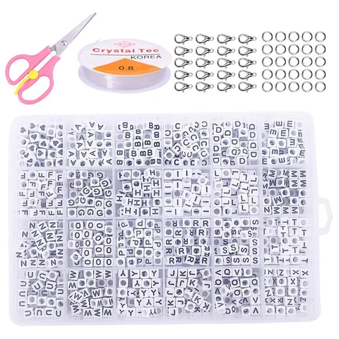 Kit de Cuentas de Letras del Alfabeto de Acrílico Bricolaje Con Cuentas Tijeras Hilo Elástico Para Pulseras Collares Artesanía