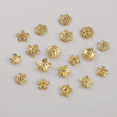 14K Gold Plated Copper Zirconia Flower Snowflake Bead Caps Spacer Beads Tarnish Resistant DIY Jewelry Making Findings