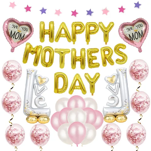 Σετ Μπαλονιών Happy Mother's Day Χρυσά Γράμματα Αλουμινίου Καρδιά Λατέξ Κομφετί Πανό για Διακόσμηση Πάρτι Σπιτιού