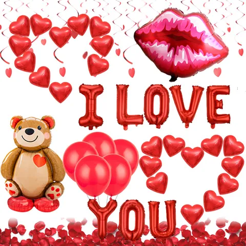 Red Heart Foil Letter I Love You Bear Shape Balloons And Rose Petals For Valentine's Day Wedding Party Decoration