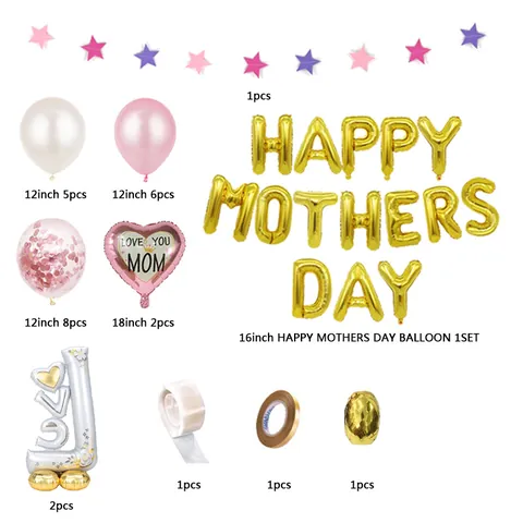 Σετ Μπαλονιών Happy Mother's Day Χρυσά Γράμματα Αλουμινίου Καρδιά Λατέξ Κομφετί Πανό για Διακόσμηση Πάρτι Σπιτιού