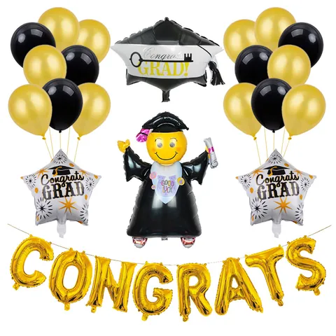 Set di Palloncini per Laurea Congrats Oro Nero Lattice Alluminio Palloncini per Decorazione Festa Laurea Stella Smiley