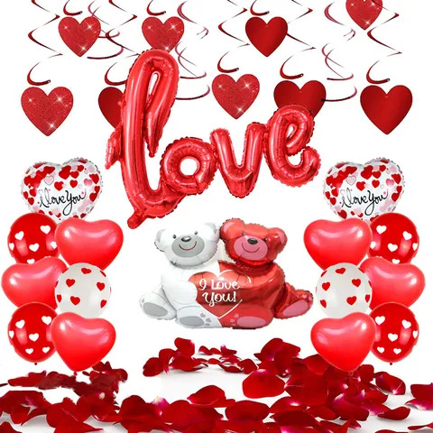 Romantic Valentine's Day Balloon Collection Aluminum Foil Love Heart Shaped Bears And Rose Petals For Wedding Proposal Decor