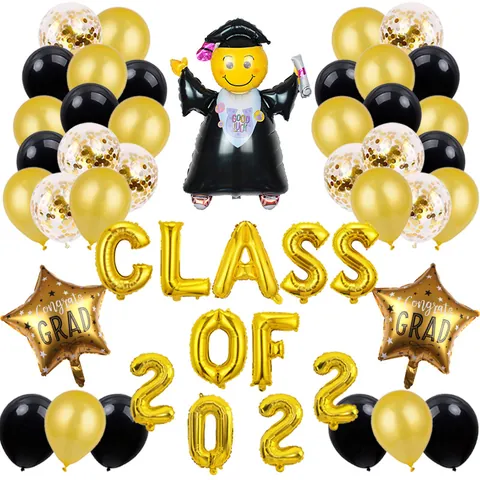 Graduation Party Decoration Balloons Gold Black Metallic Foil Letters Class Of 2022 Congrats Grad Balloons For Ceremony