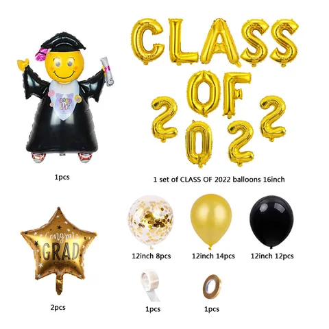 Graduation Party Decoration Balloons Gold Black Metallic Foil Letters Class Of 2022 Congrats Grad Balloons For Ceremony